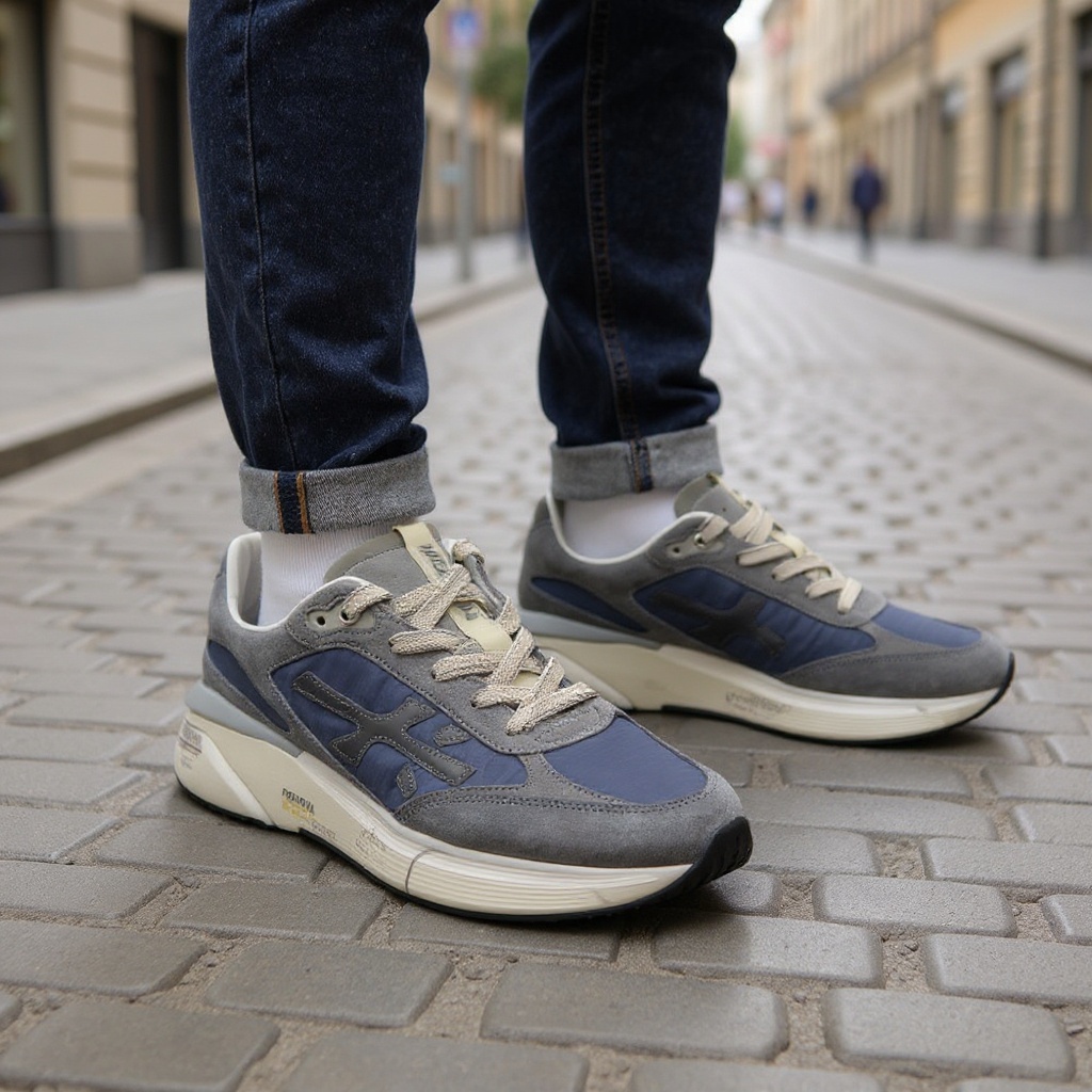Hombre con blazer y vaqueros caminando por una calle adoquinada con deportivas PREMIATA gris azul.