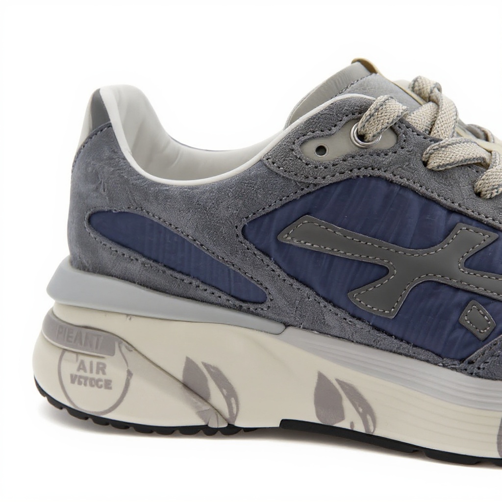Detalle técnico de las deportivas PREMIATA gris azul, mostrando materiales NBK, tejido tecnificado y suela.