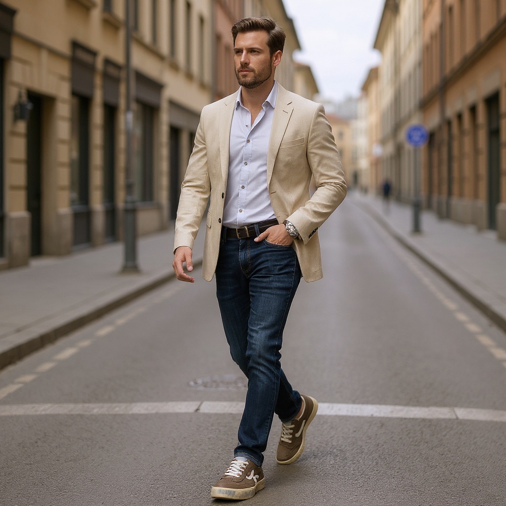 Hombre elegante con zapatillas PREMIATA de cuero en un entorno urbano.