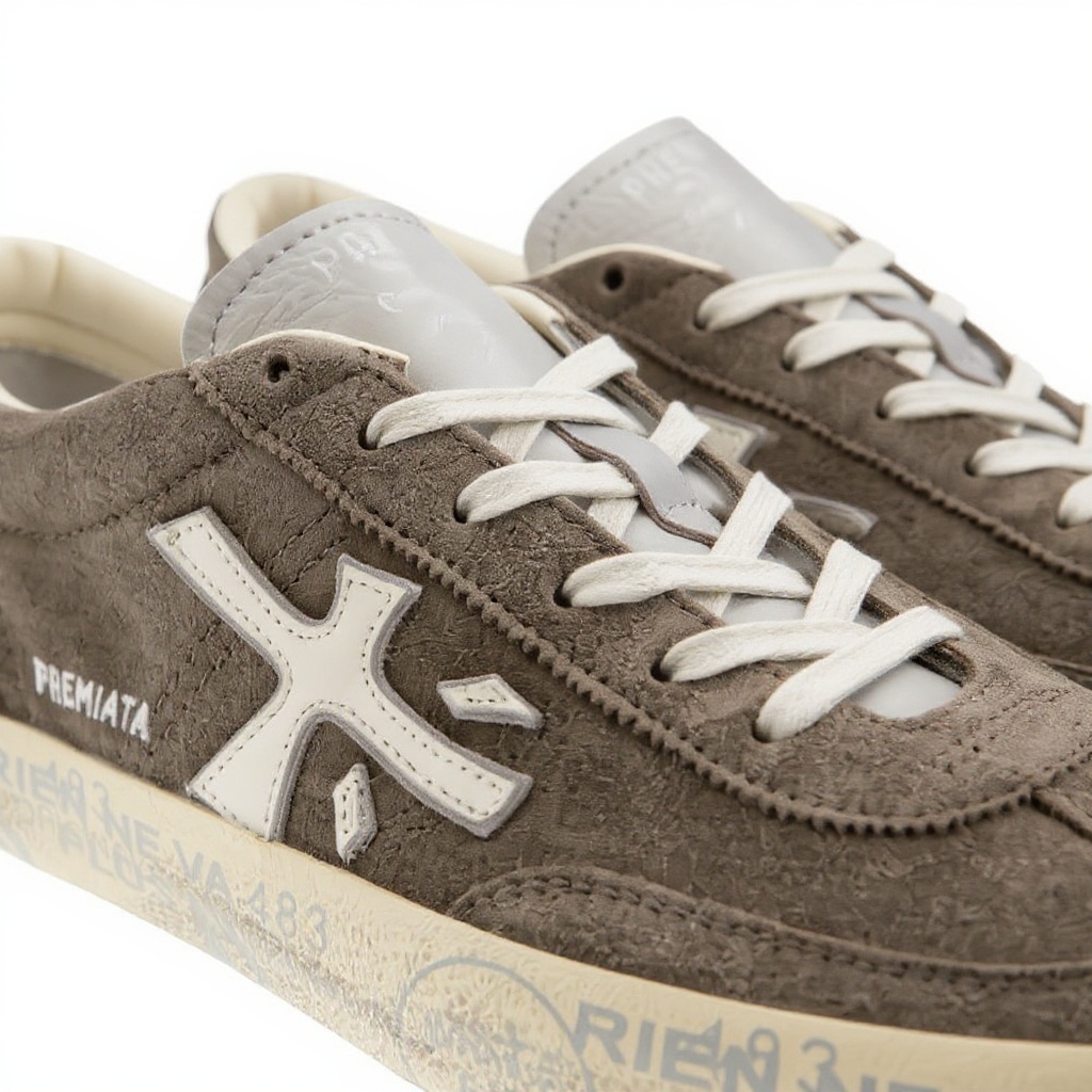 Detalle de materiales y construcción de las zapatillas PREMIATA de cuero y nubuck.