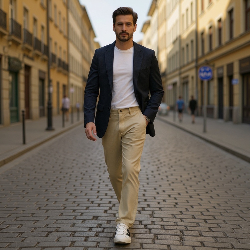 Un hombre con estilo moderno, vistiendo las deportivas PREMIATA blanco/corda con unos pantalones chinos y una camisa casual, paseando por una calle adoquinada con edificios históricos al fondo.