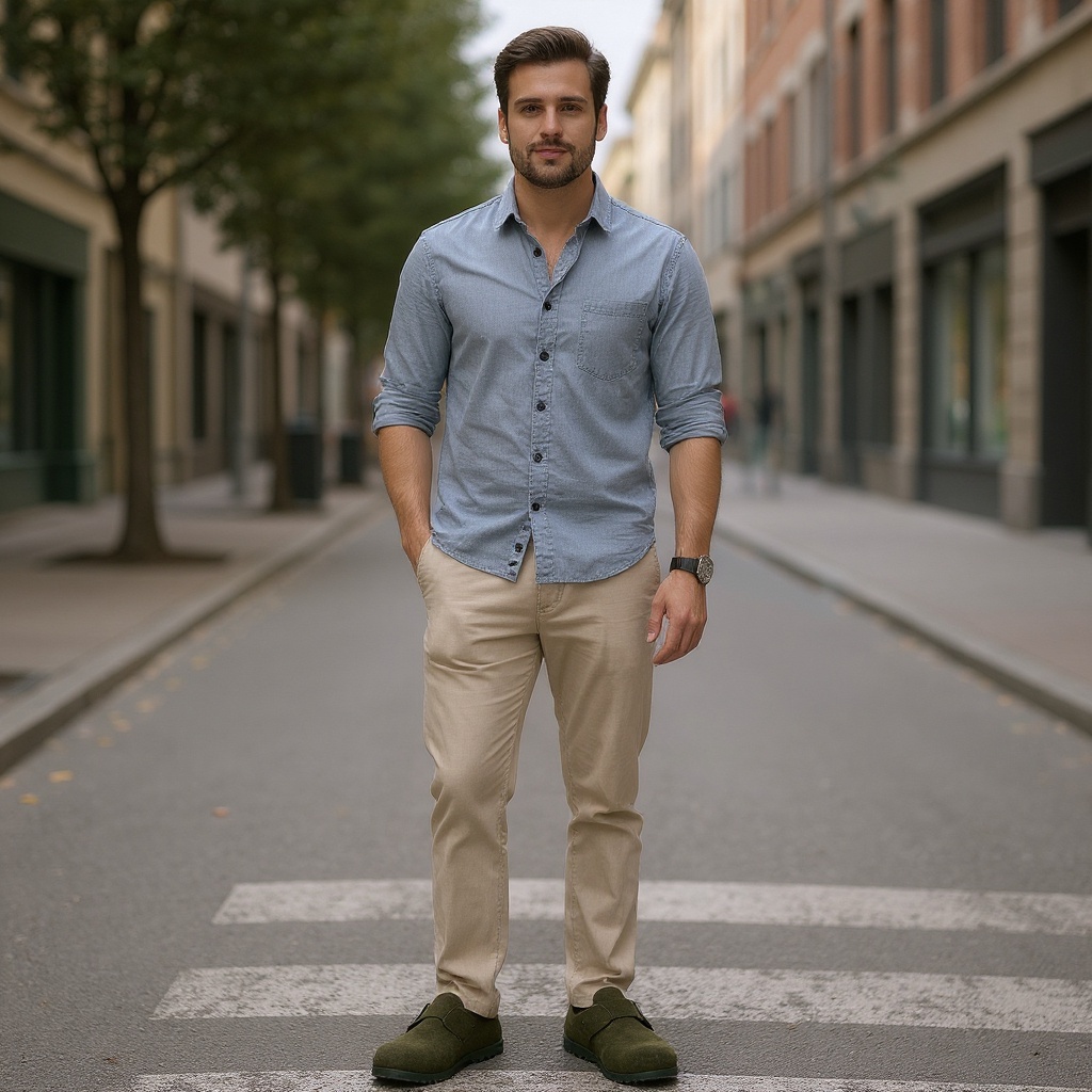 Hombre con zuecos BIRKENSTOCK kaki, pantalones de lino y camisa informal, paseando por una calle soleada. Un look relajado y elegante.
