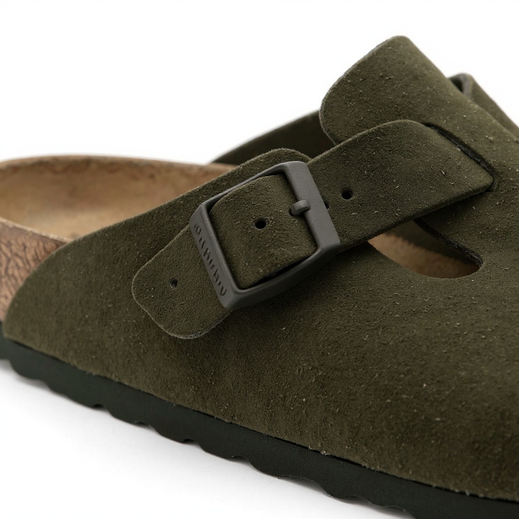 Primer plano de un zueco BIRKENSTOCK kaki, mostrando la textura de la piel y el ante, y la plantilla anatómica de corcho-látex.