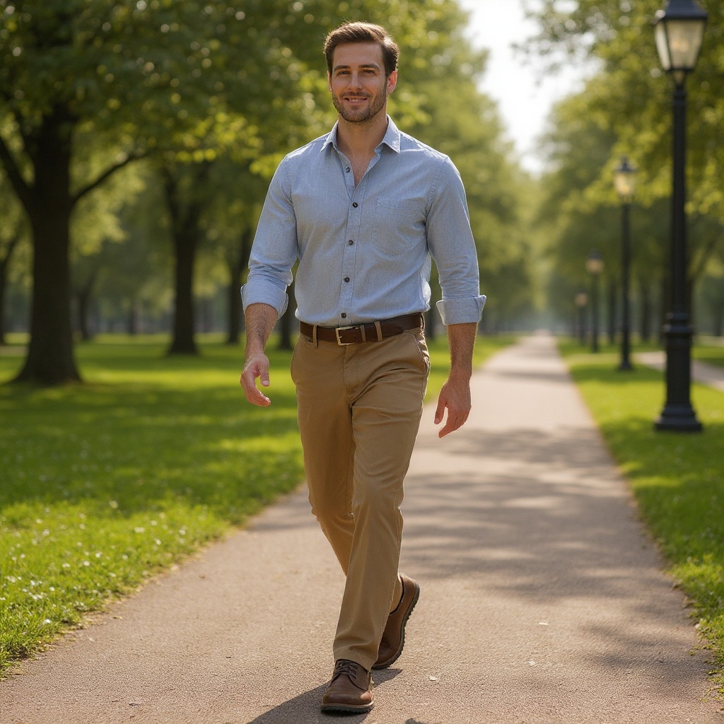 Hombre con blucher Birkenstock taupe, pantalón chino y camisa de lino, disfrutando de un paseo urbano con estilo.
