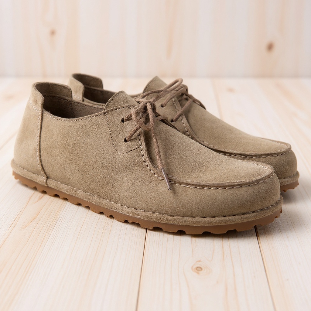 Detalle de los blucher Birkenstock taupe, mostrando la textura del nobuk y la suela ergonómica en un primer plano.