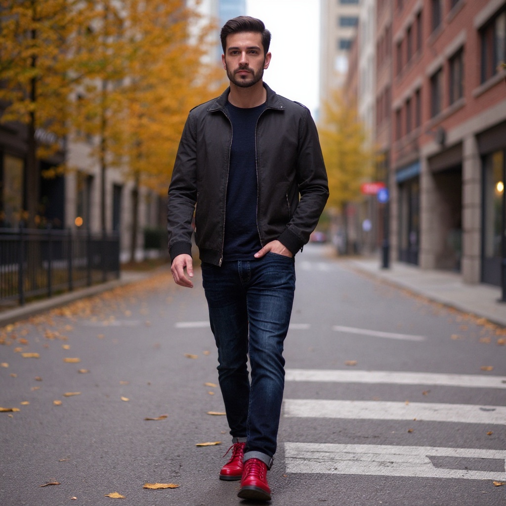 Hombre con botines rojos Tommy Hilfiger, combinados con jeans oscuros y chaqueta, caminando con confianza en un entorno urbano.