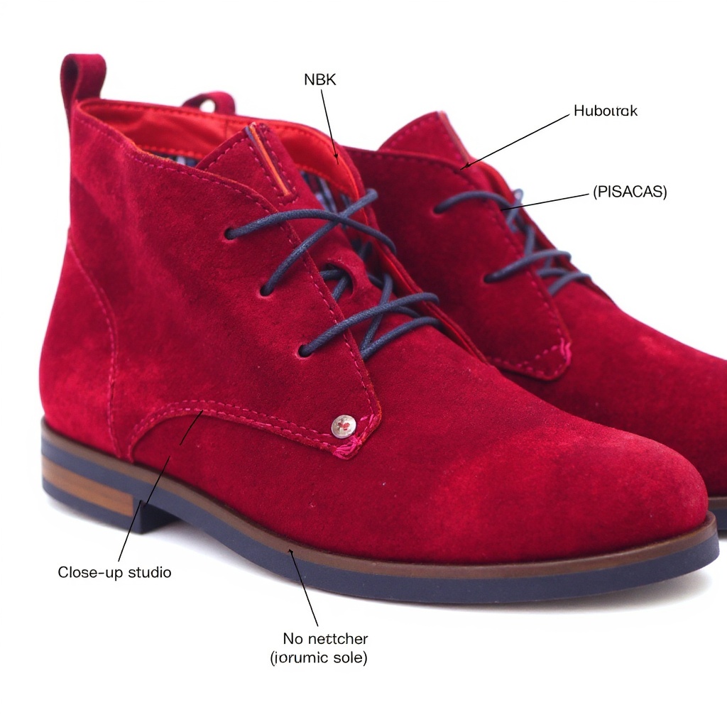 Primer plano de botín rojo Tommy Hilfiger, mostrando textura de nobuk y pisacacas, costuras detalladas y la suela.