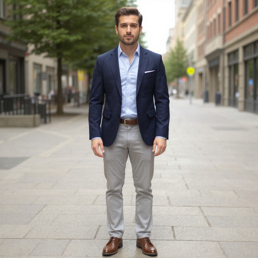 Hombre con bluchers taupe FRAU en un entorno urbano elegante, luciendo un look casual-smart.
