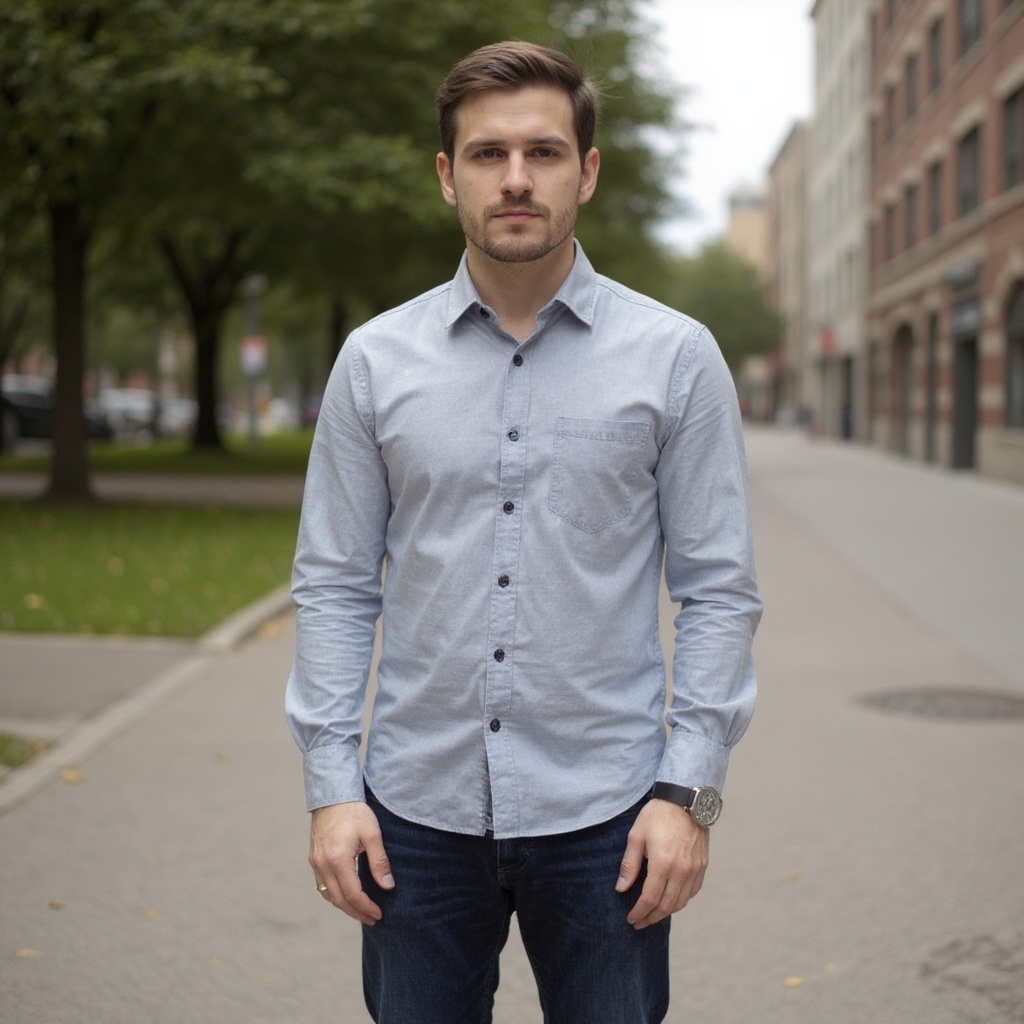 Hombre elegante vistiendo pisacacas FRAU taupe con jeans y camisa de lino en un parque urbano.