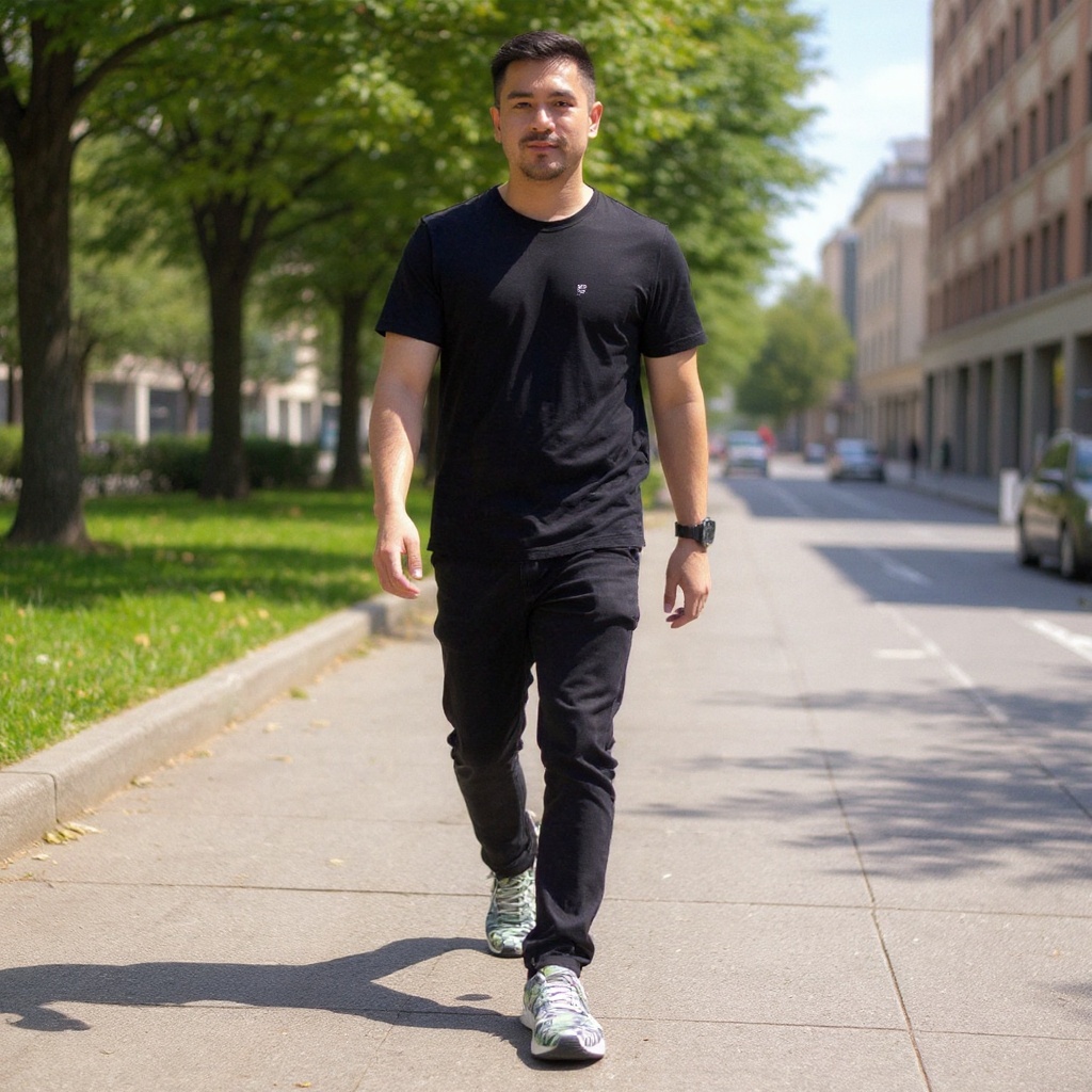 Hombre con zapatillas slip-on camuflaje VOILE BLANCHE caminando en un parque urbano, mostrando un estilo casual y moderno.