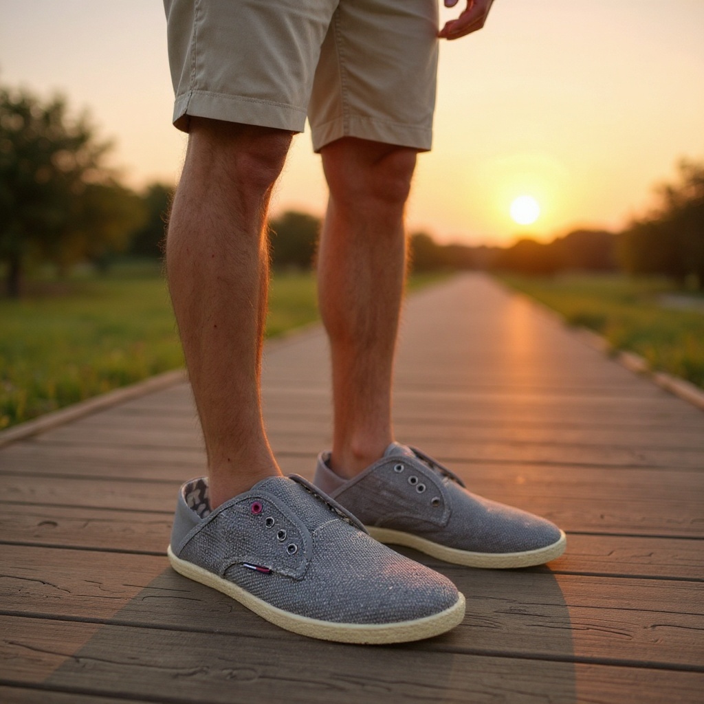 Hombre con sandalias grises Tommy Hilfiger paseando por un paseo marítimo al atardecer, representando estilo y comodidad veraniega.