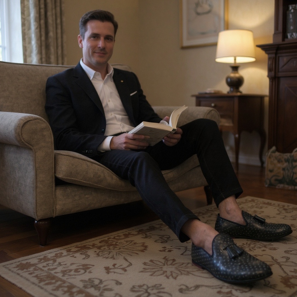 Hombre relajado en casa con slippers TED BAKER negros, combinando comodidad y estilo de vida lujoso.