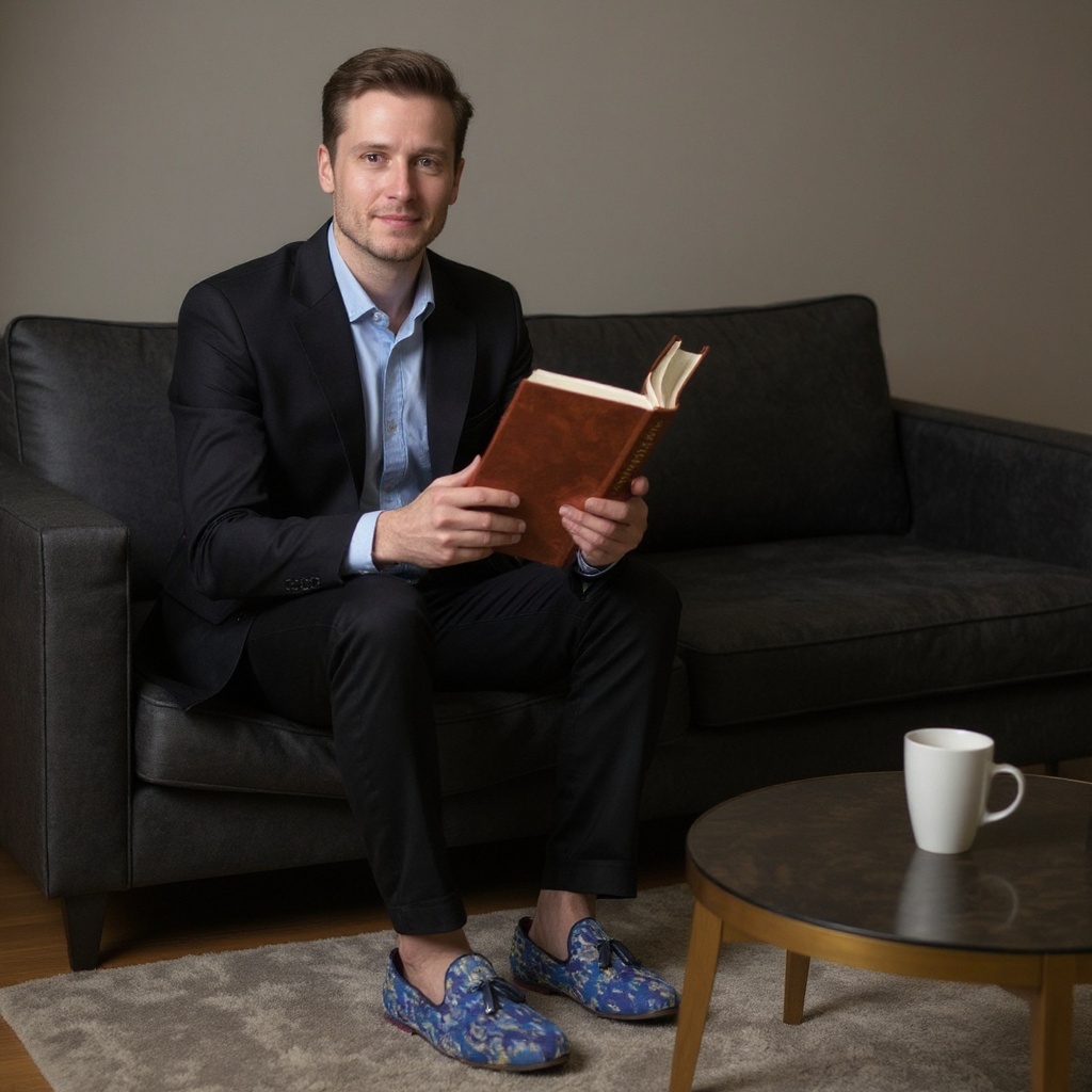 Hombre relajado en un salón moderno y lujoso, vistiendo slippers Ted Baker azules, con un libro y café, transmitiendo una sensación de comodidad y elegancia.