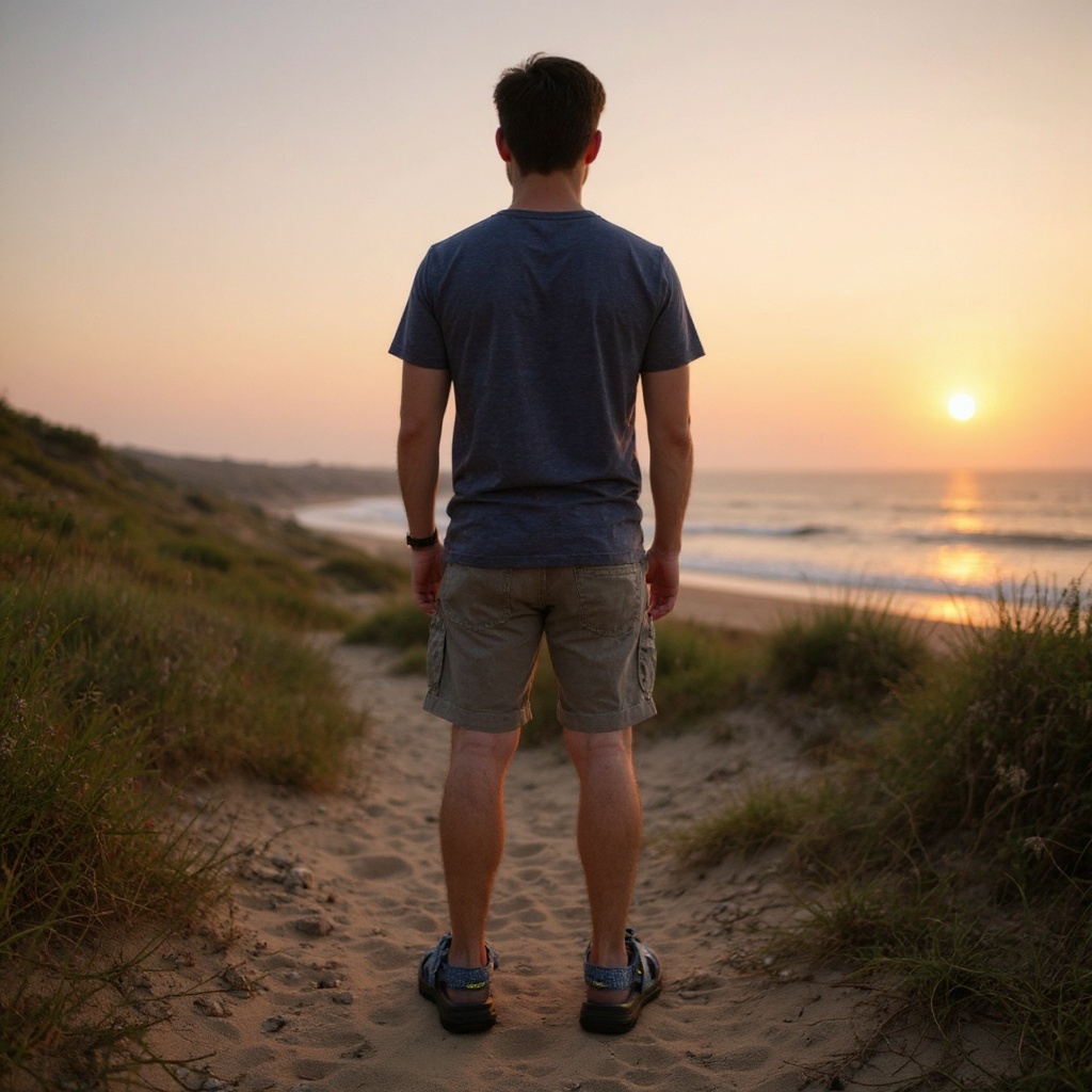 Hombre caminando por un sendero costero con sandalias KEEN azules y ropa casual, disfrutando de un atardecer.