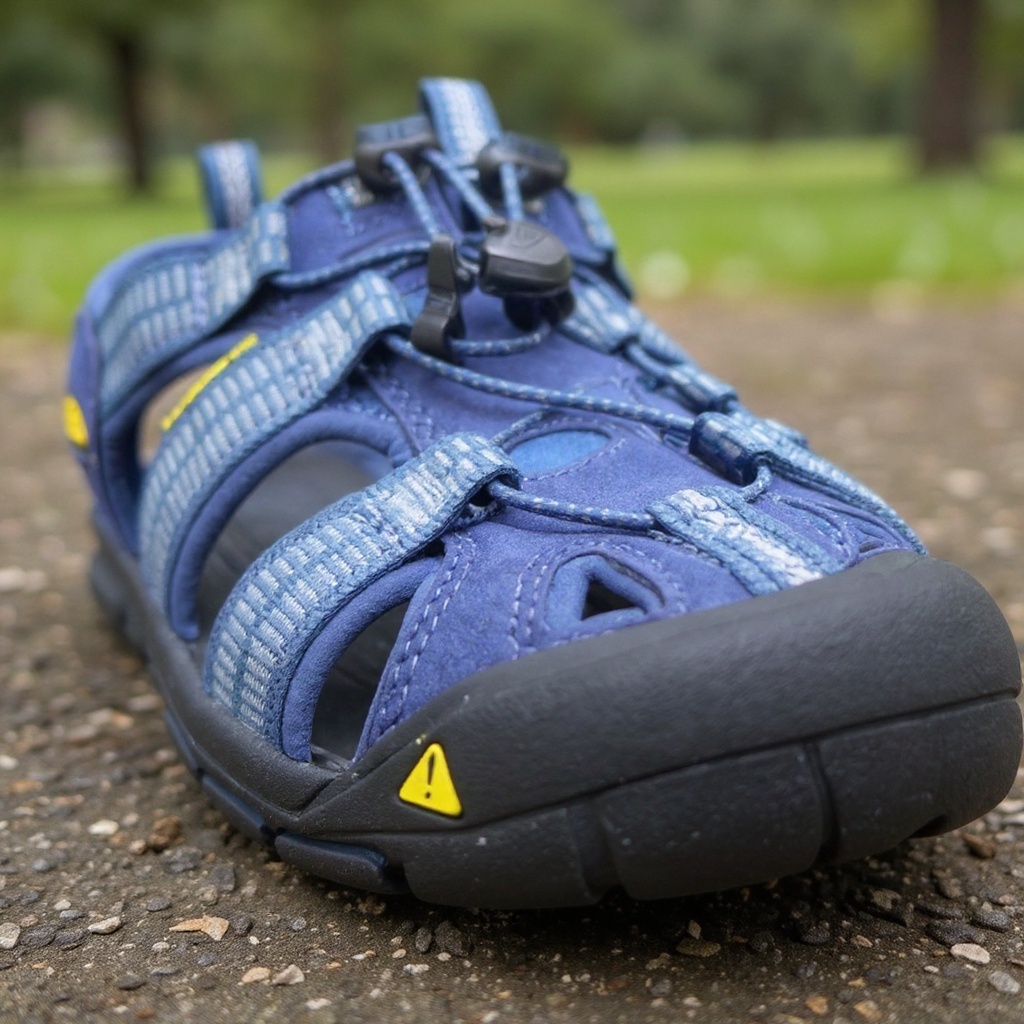 Detalle técnico de la sandalia KEEN azul, mostrando sus materiales resistentes, puntera reforzada y suela con agarre.
