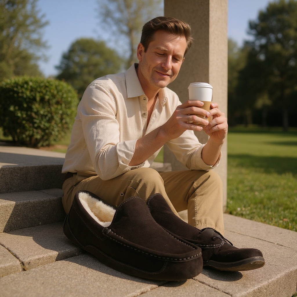 Hombre con mocasines UGG marrones disfrutando de un café en una terraza, vestido con chinos y camisa de lino.