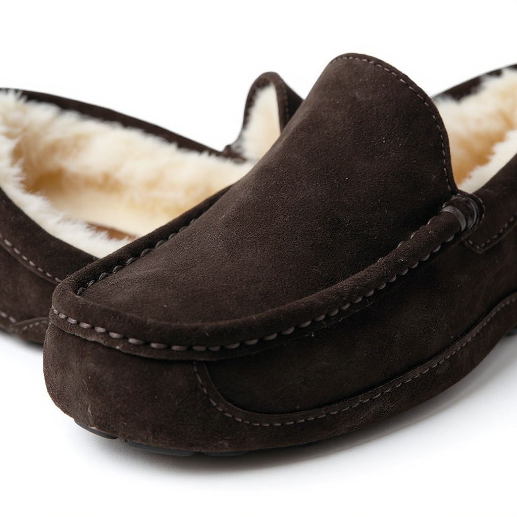 Detalle técnico del mocasín UGG marrón, mostrando el nobuk exterior, la lana interior y la suela BLOK.