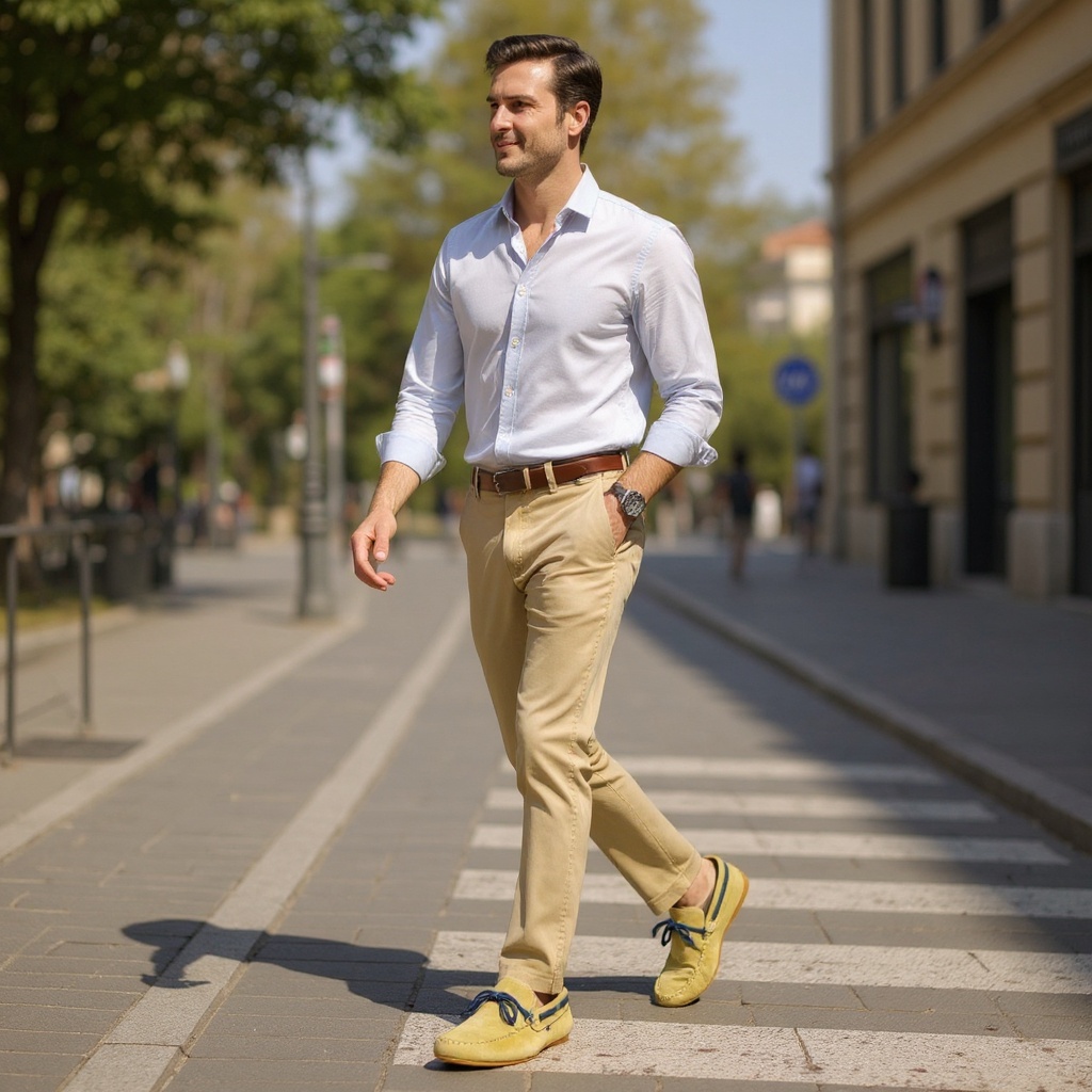 Hombre con mocasines Tommy Hilfiger color arena de nubuck, combinados con chinos y camisa de lino, caminando por una calle soleada. La imagen transmite un estilo de vida elegante y relajado.