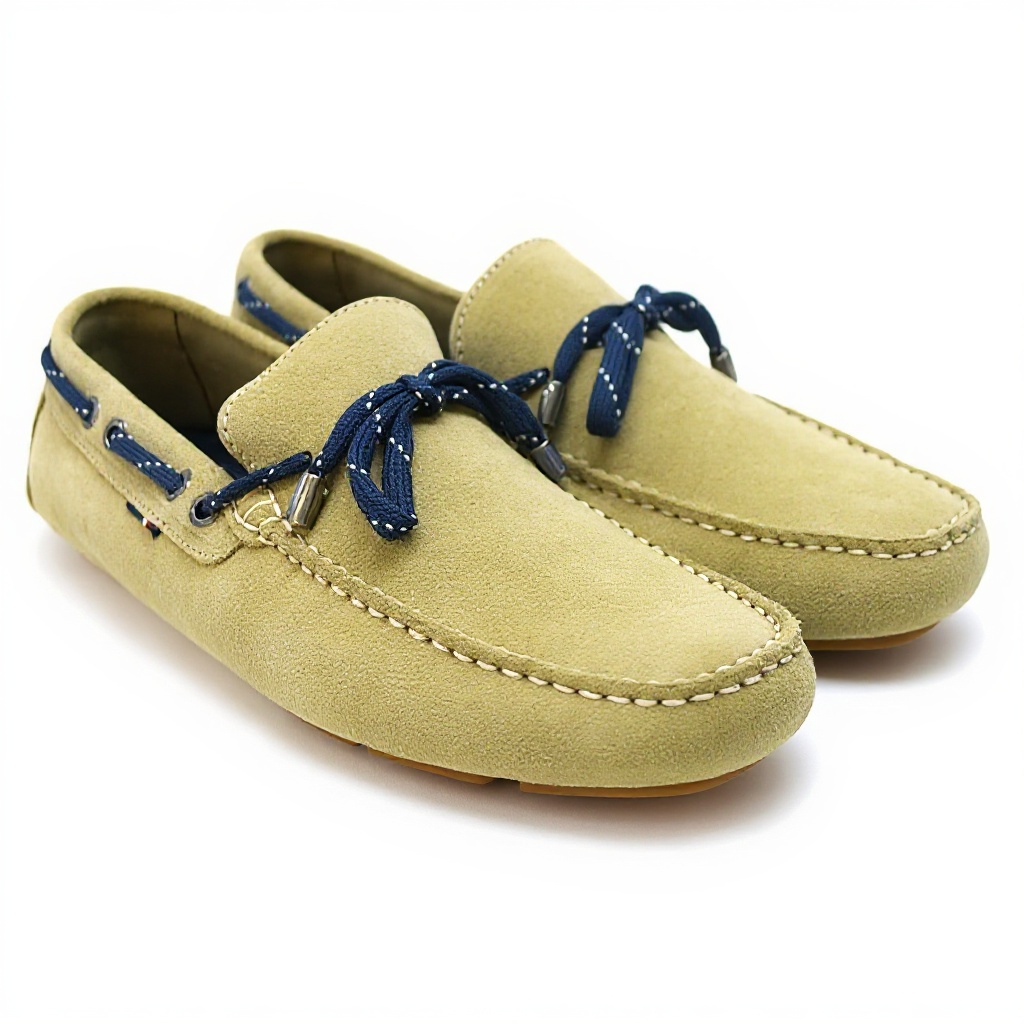 Primer plano de un mocasín Tommy Hilfiger color arena de nubuck, mostrando la textura del material, las costuras detalladas y la suela de goma flexible, resaltando su calidad y artesanía.