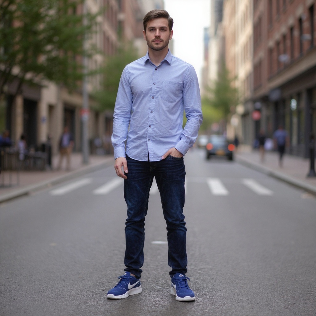 Hombre con zapatillas NIKE deportivas azules y blancas caminando por una calle urbana, estilo casual moderno.