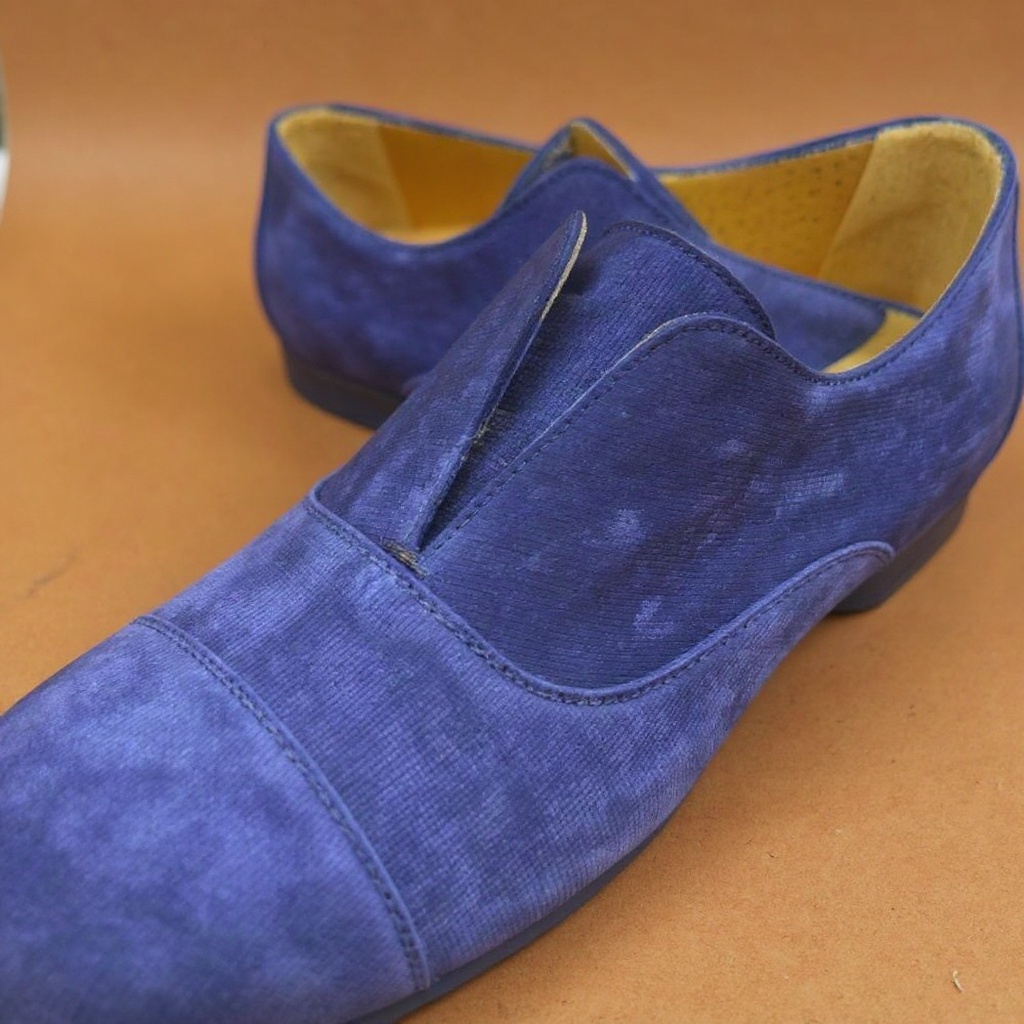 Detalle del material nubuck azul y la construcción de la suela de los PERTINI sliper.