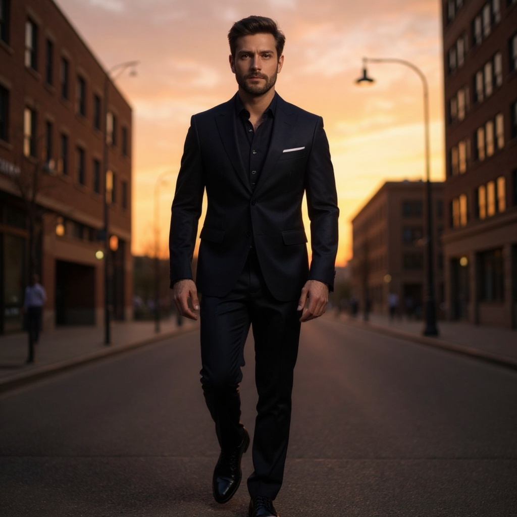 Hombre elegante caminando en la ciudad con zapatos blucher PERTINI negros y traje azul marino.