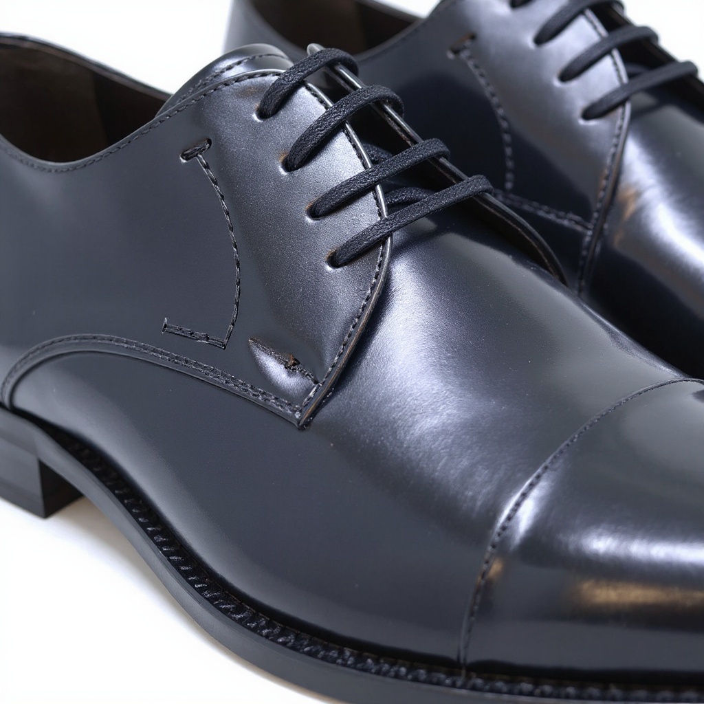 Primer plano de un zapato blucher PERTINI negro, mostrando la calidad del cuero BOC-CALF y los detalles de confección de la suela.