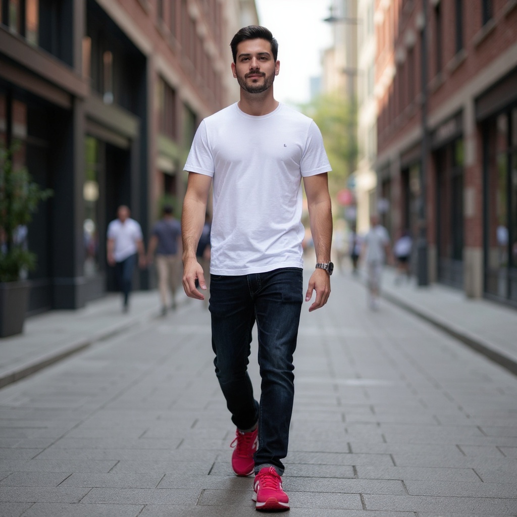 Hombre joven con zapatillas Saucony rojas combinadas con vaqueros y camiseta blanca, caminando por una calle urbana moderna.