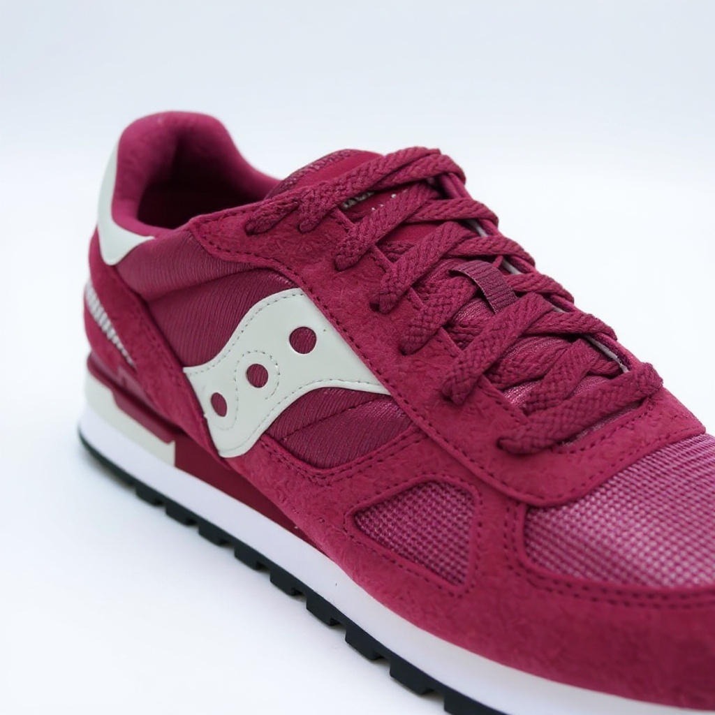 Detalle de una zapatilla Saucony deportiva roja, mostrando la textura de sus materiales técnicos y la suela con amortiguación.