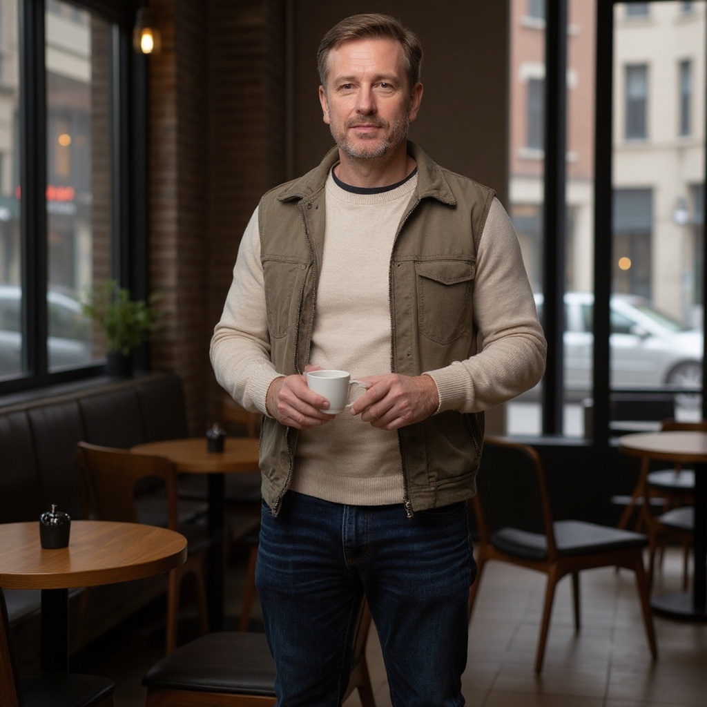 Hombre con estilo casual usando botines UGG marrones, combinados con jeans y jersey de punto en un ambiente urbano.