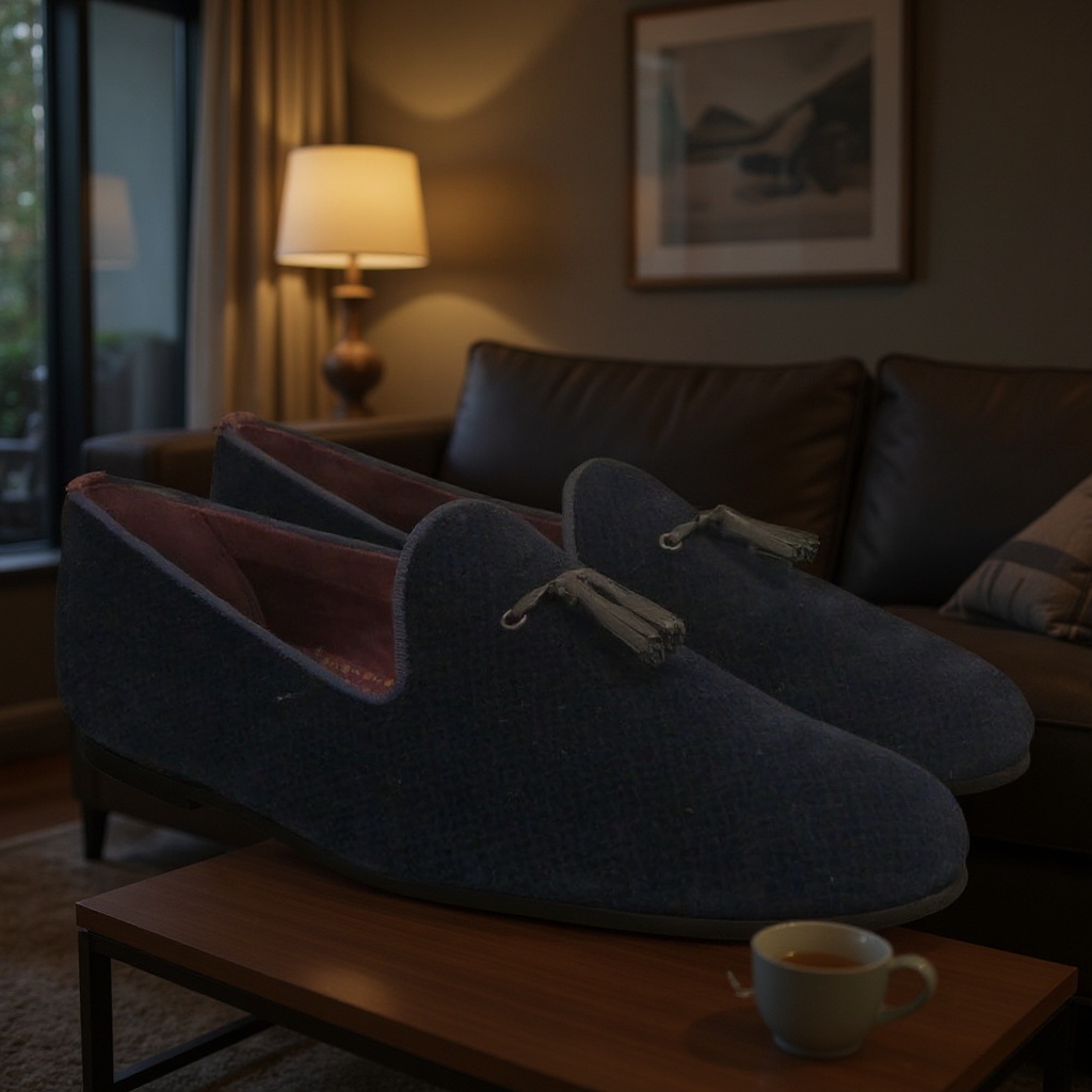 Hombre elegante disfrutando de un momento de relax en un salón moderno, vistiendo un pijama de seda y los slippers azules de terciopelo TED BAKER.