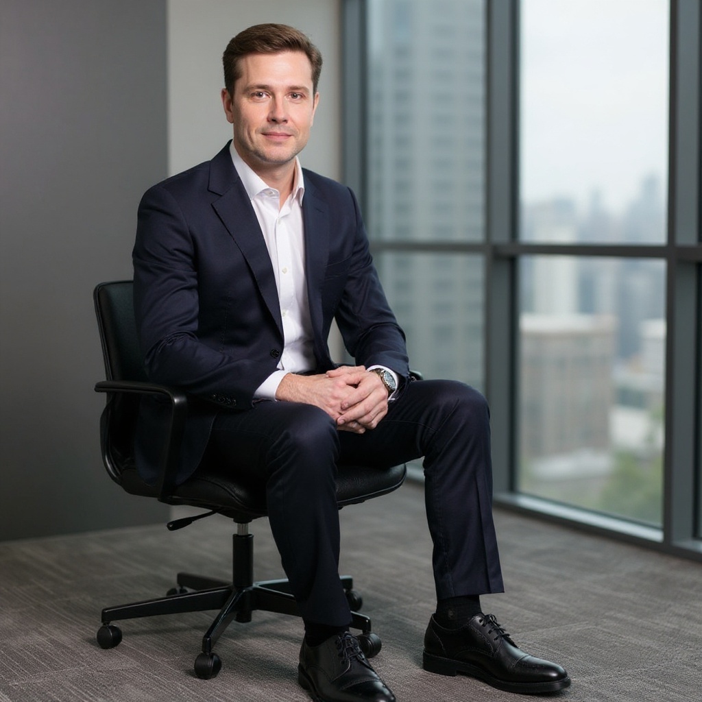 Hombre elegante sentado en una moderna oficina con zapatos blucher negros TED BAKER.