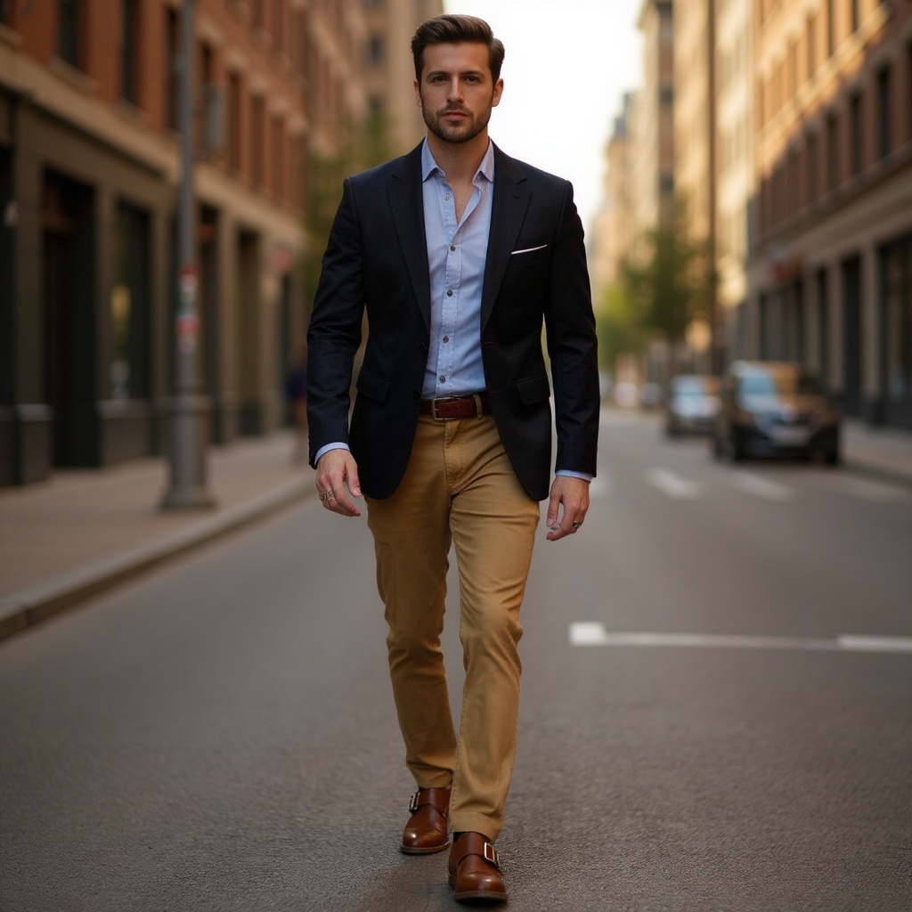Hombre elegantemente vestido con zapatos TED BAKER doble hebilla de cuero, paseando por la ciudad.