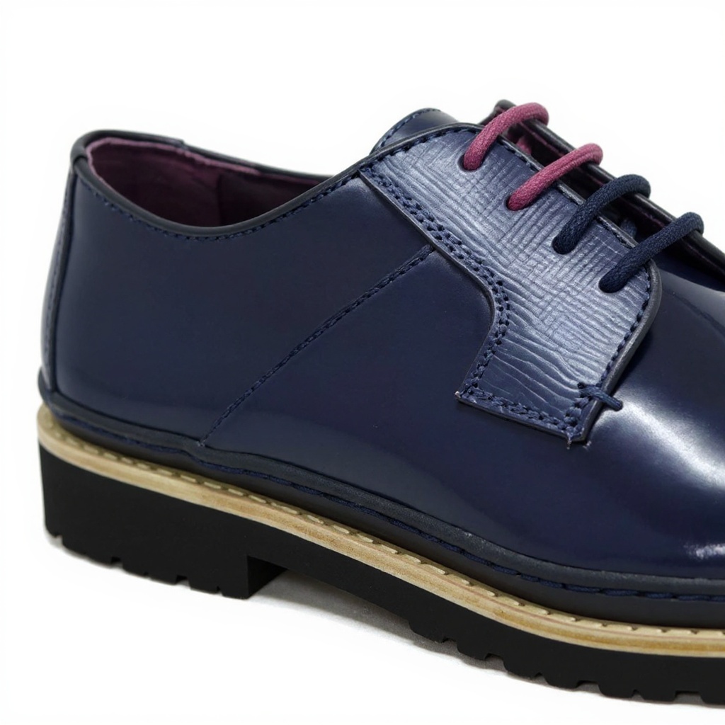 Detalle técnico del zapato TED BAKER blucher azul, resaltando la piel de alta calidad, las costuras finas y la suela de EVA para máximo confort.