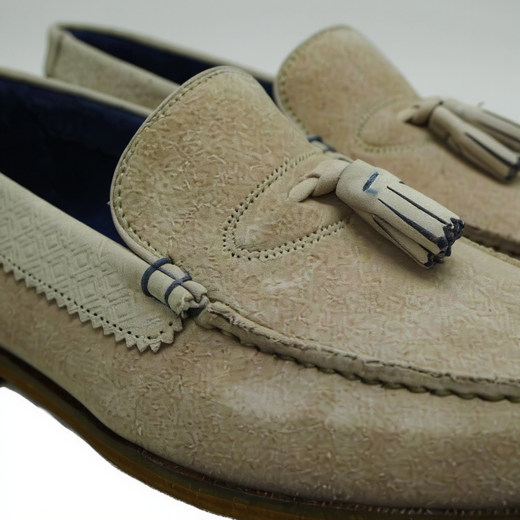 Detalle técnico de los mocasines TED BAKER rosas, mostrando la textura del nubuck y la calidad de la costura.