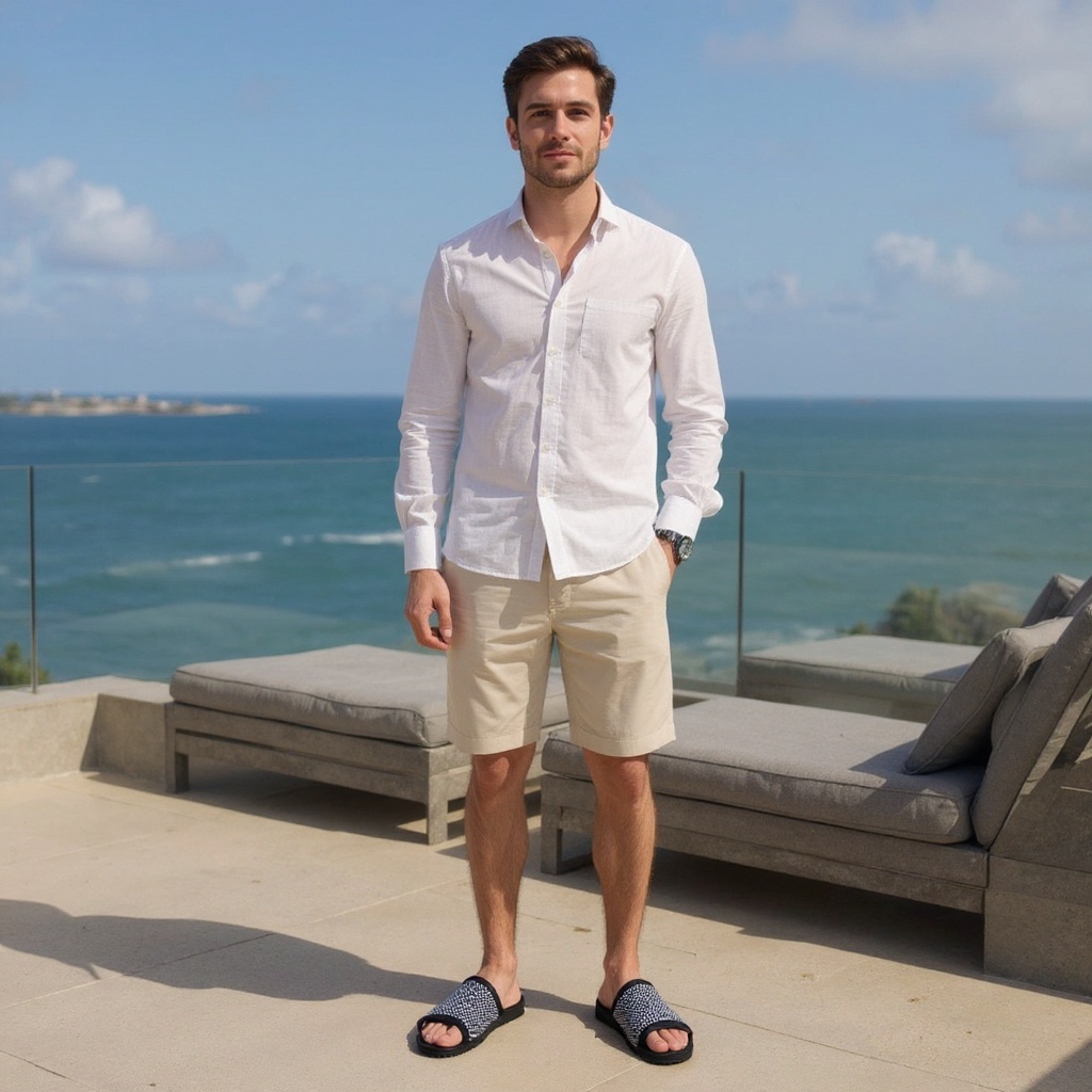 Hombre usando sandalias UGG pala negras en una terraza, con vistas al mar, mostrando un estilo de vida relajado y elegante.
