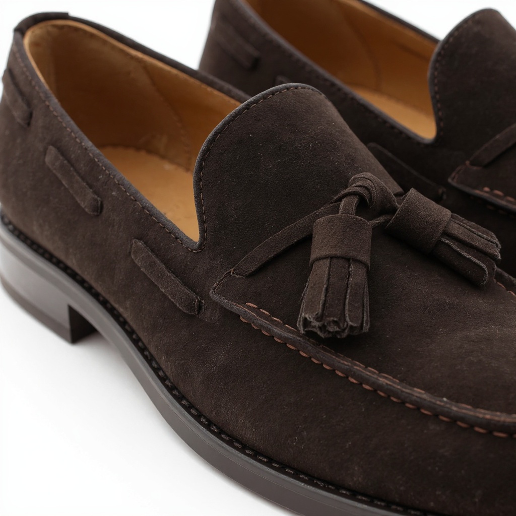 Detalle en primer plano de los mocasines CORDWAINER marrones, mostrando la calidad de la piel, la textura del nubuck y las costuras artesanales, evidenciando la excelencia en los materiales y la construcción.