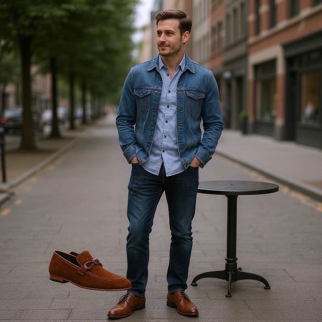 Hombre con mocasines TED BAKER de cuero, estilo elegante y relajado, sentado en una terraza urbana.