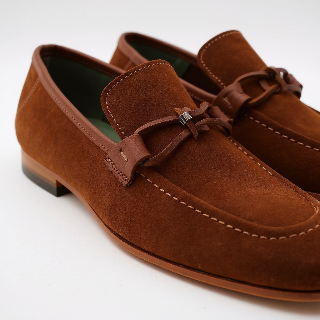 Detalle de los materiales y construcción de los mocasines de cuero TED BAKER, con enfoque en la textura del cuero.