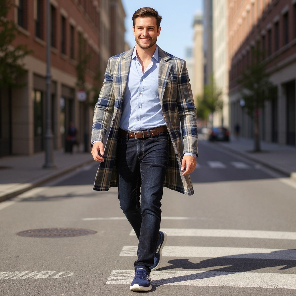 Hombre con camisa de cuadros y zapatillas deportivas Tommy Hilfiger azules paseando por la ciudad.