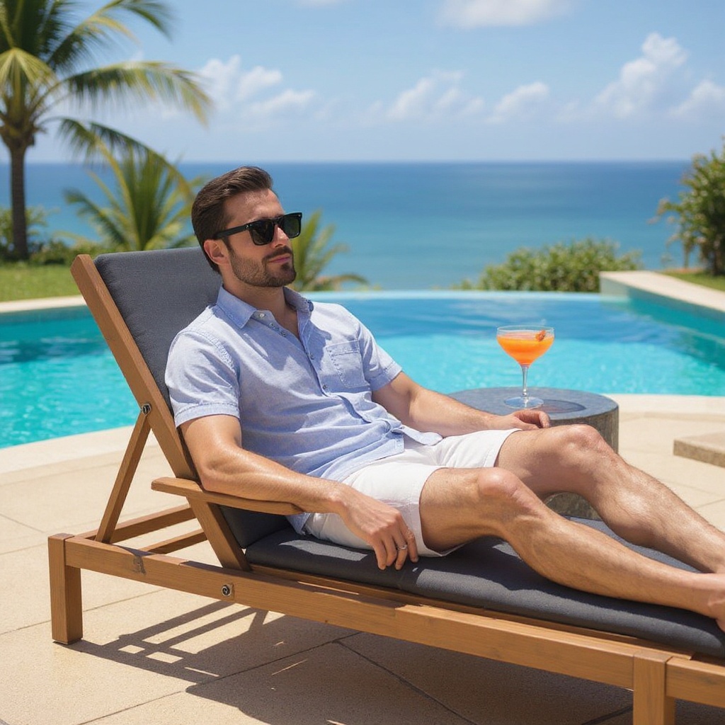 Hombre con palas Ted Baker azules, disfrutando de un día soleado en una piscina infinita con vistas al mar, reflejando un estilo de vida de lujo y relajación.