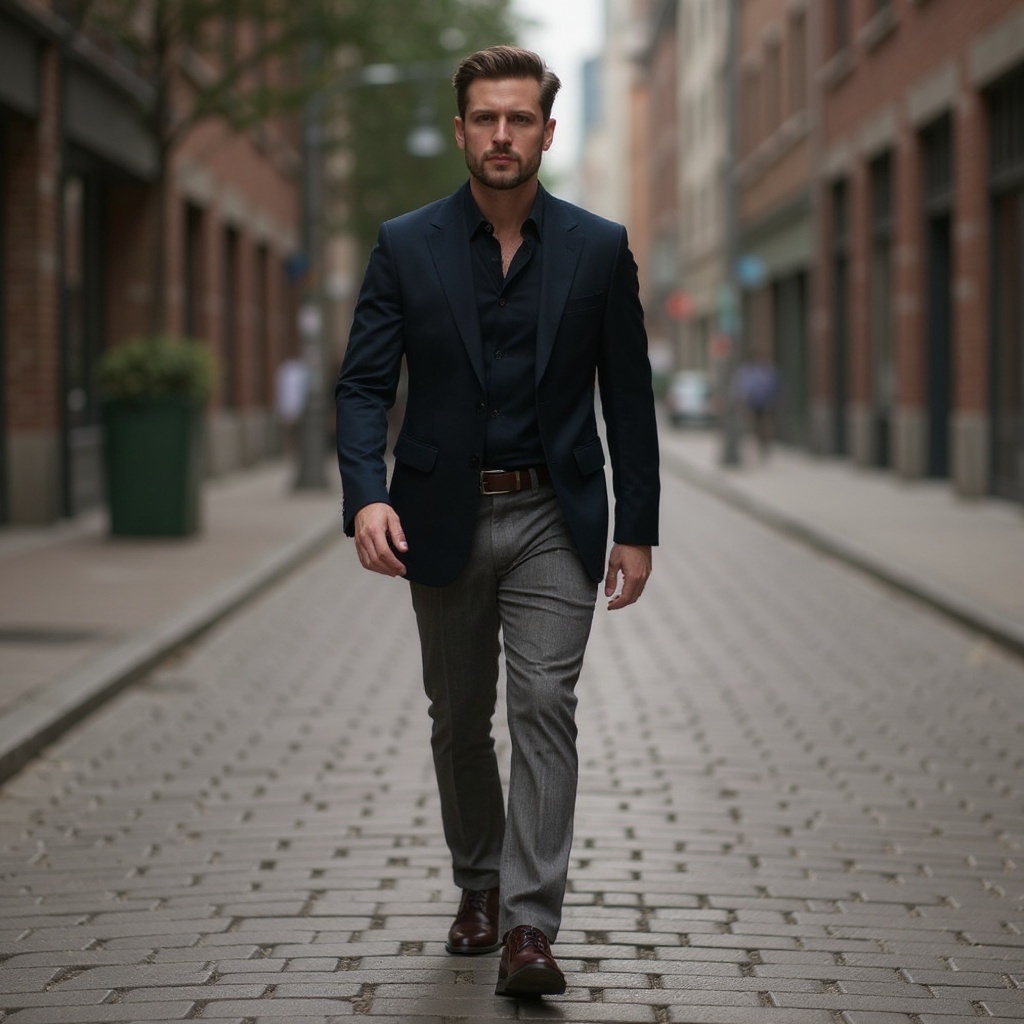 Hombre con blucher TED BAKER burdeos y traje azul marino caminando en un entorno urbano.