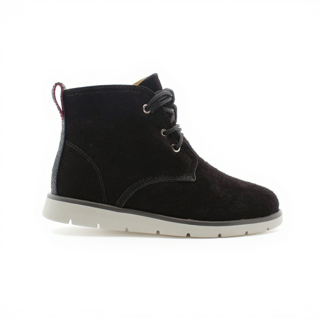 Primer plano de un botín UGG negro, mostrando los materiales, costuras y suela técnica.