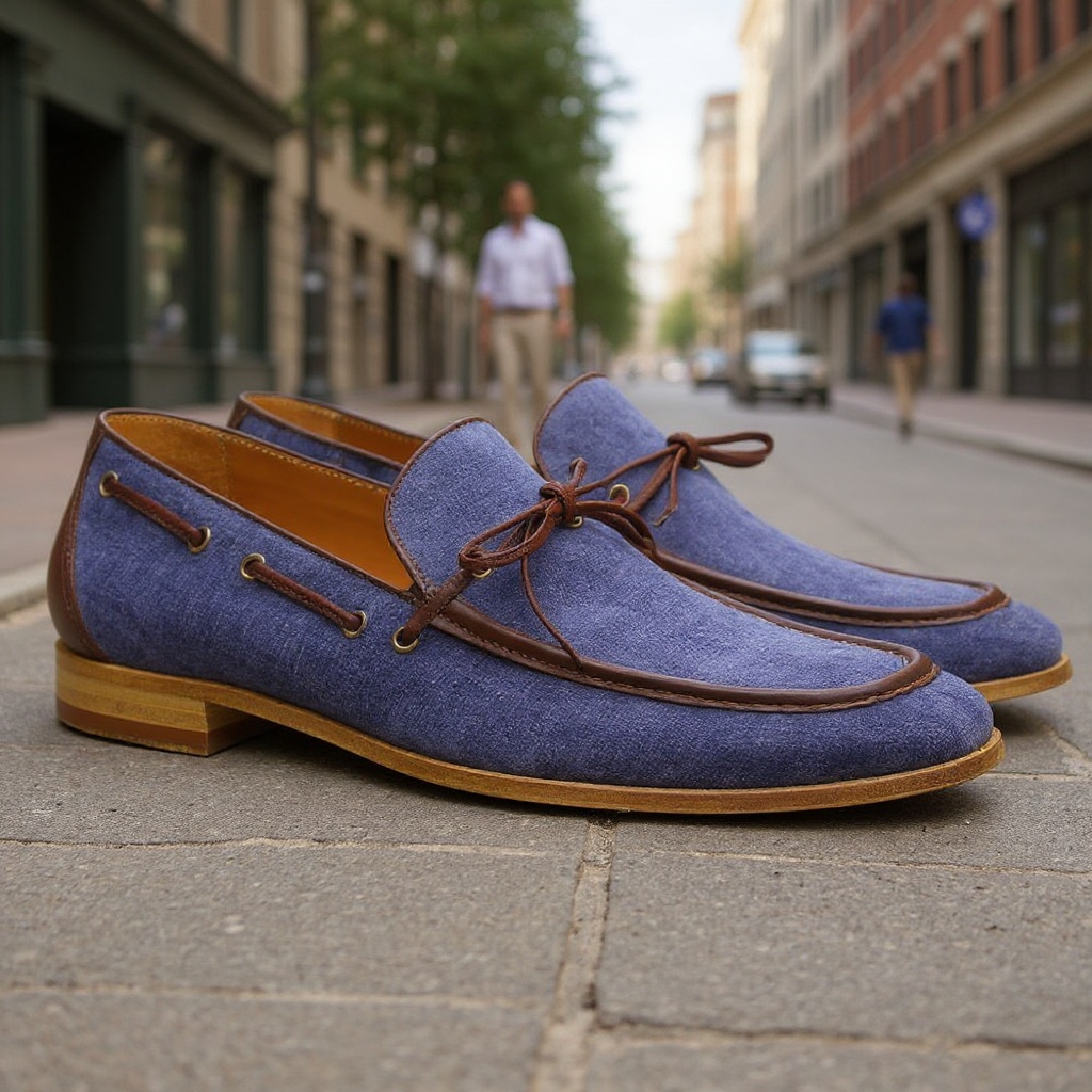 Hombre paseando con mocasines CALCE jeans, chinos y camisa de lino en un ambiente urbano relajado.