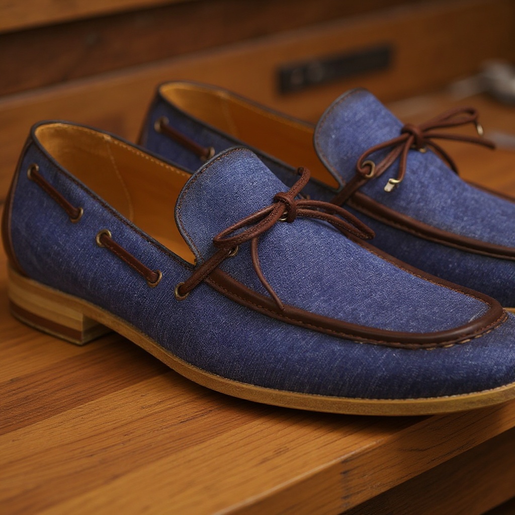 Detalle técnico de los mocasines CALCE jeans, mostrando la textura de piel y lino, las costuras y la suela artesanal.