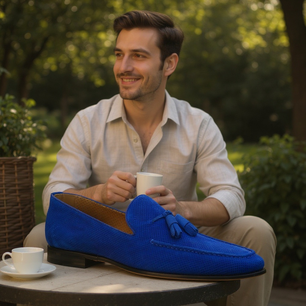 Hombre elegante con mocasines azulones CALCE, disfrutando de un café en una terraza soleada, vestido con un estilo casual sofisticado.