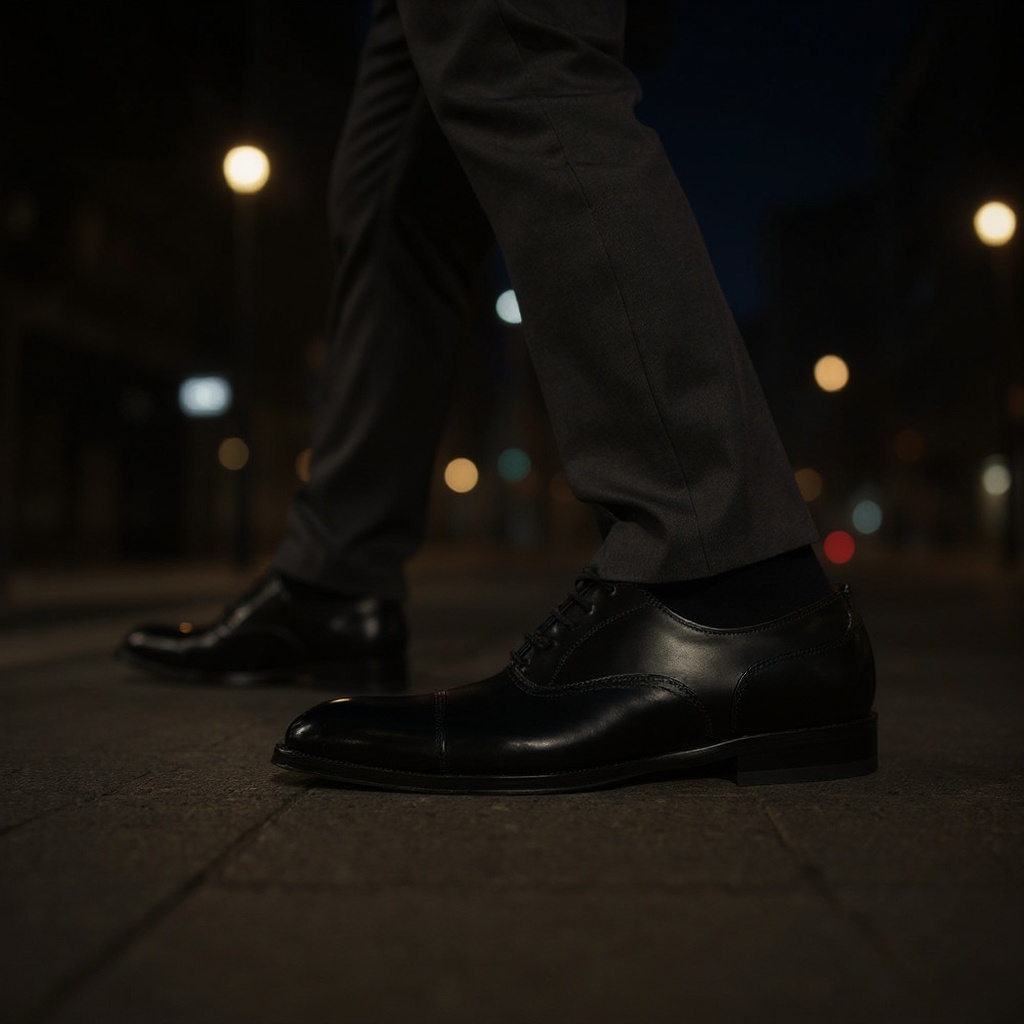 Hombre con Blucher CALCE negros y traje gris oscuro caminando en la ciudad al atardecer, mostrando elegancia.