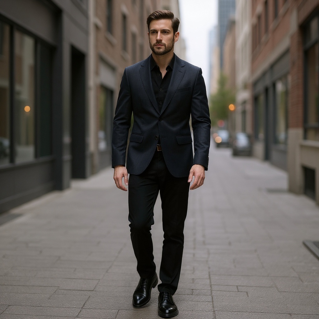 Hombre elegante con zapatos CALCE blucher negros en un entorno urbano, mostrando estilo y sofisticación.