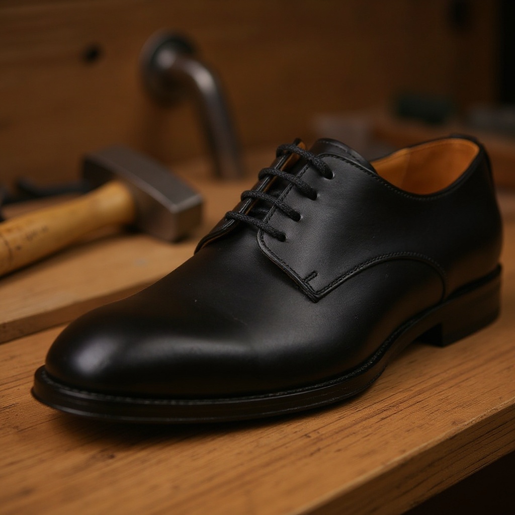 Primer plano de un zapato CALCE blucher negro mostrando la calidad del cuero box calf y la suela de piel, con detalles de su construcción artesanal.