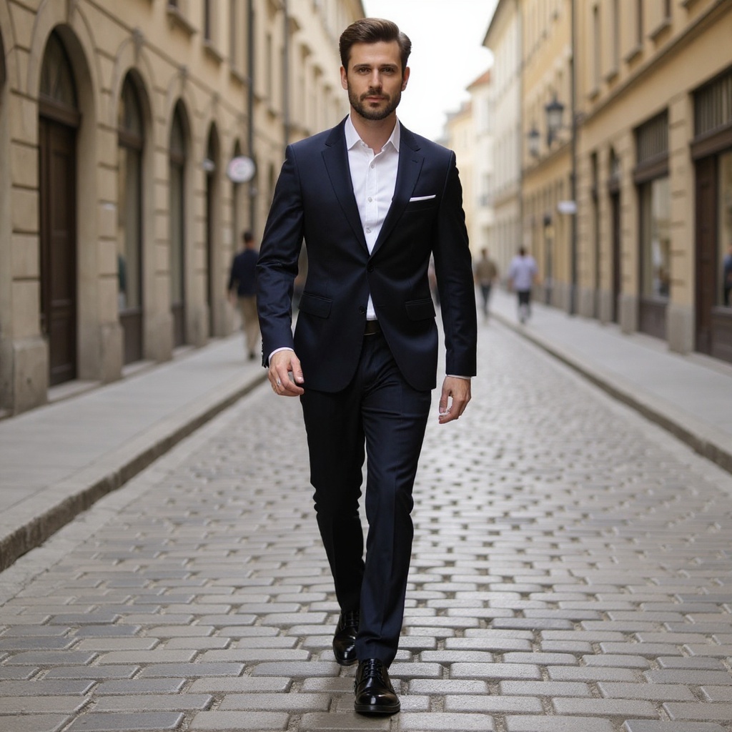 Hombre elegante vistiendo zapatos blucher negros CALCE con un traje azul marino, caminando por una calle de ciudad.